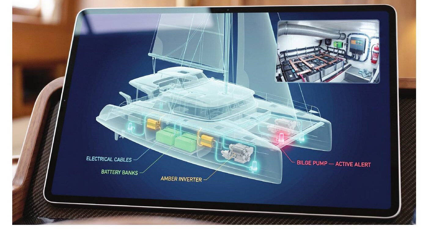 Tablet showing photoreal 3D model of the vessel — battery banks, amber inverter, electrical cables labelled, with an active alert on the bilge pump