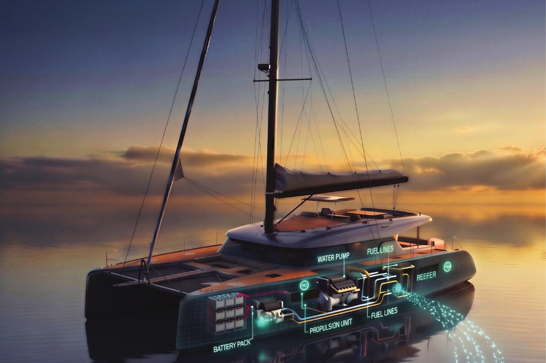 Catamaran at sunset with Quasar electrical systems labelled — battery pack, propulsion unit, water pump, fuel lines, reefer