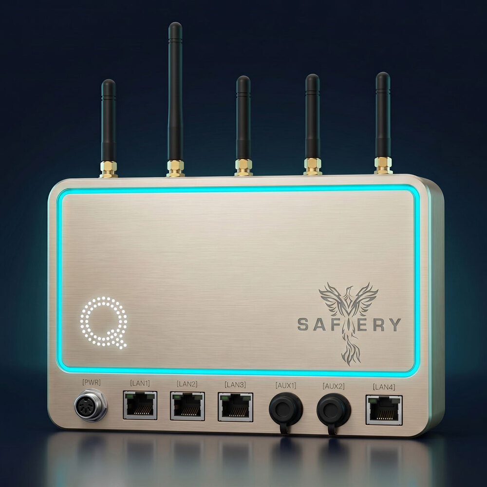 Quasar Master AI Controller — brushed metal enclosure with five antennas, cyan-lit Q logo, Safiery phoenix mark, and labelled marine connectors (PWR, LAN1–4, AUX1–2)